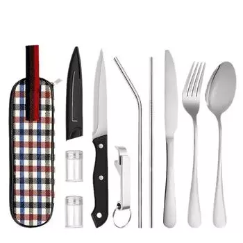 Набор столовых приборов из нержавеющей стали Вилка Ложка Нож для стейка Соломка Многофункциональные портативные столовые приборы для путешествий на открытом воздухе
