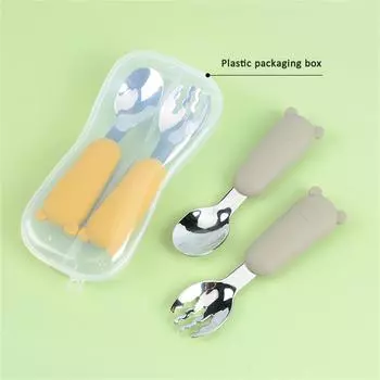 Набор столовых приборов из нержавеющей стали, вилки, ложки, мультяшный силиконовый нескользящий столовый прибор для детского питания, многоцелевой прочный набор столовых приборов