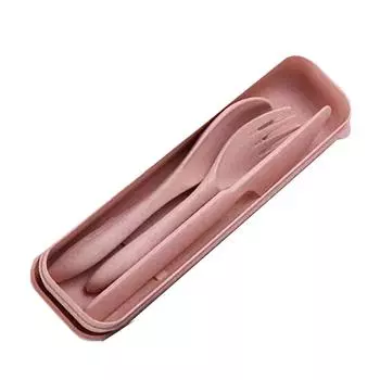 Набор столовых приборов из пшеничной соломы, современная портативная вилка, ложка, нож, столовые приборы с коробкой для офиса, школы розовый