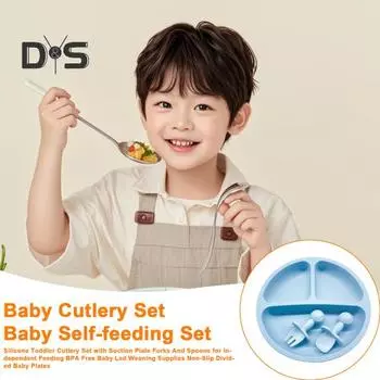 Набор столовых приборов из силикона для малышей с присоской, вилками и ложками для самостоятельного кормления, не содержит бисфенол-А, светодиодные приборы для отлучения от груди, нескользящие, разделенные, для малышей серый/синий