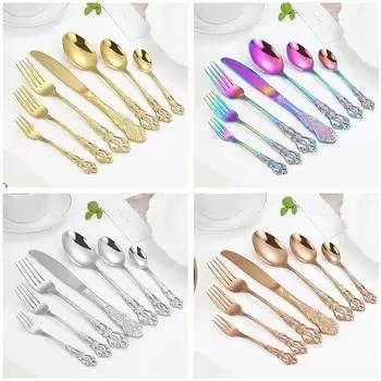 Набор столовых приборов из золота 4 шт., европейский стиль, ложка, вилка из нержавеющей стали, королевский нож для стейка, ретро-дизайн, набор столовых приборов, домашний декор