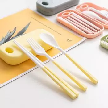 Набор столовых приборов Креативный многоразовый набор столовых приборов из полипропилена для школьников на открытом воздухе жёлтый