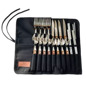 Набор столовых приборов на 4 персоны, 21 предмет, из нержавеющей стали, Solo Natural, со столовыми приборами на 4 персоны [kuuupiii] Человек, Набор, Кемпинг, Хранение, Деревянный, Стальной, Стильный,