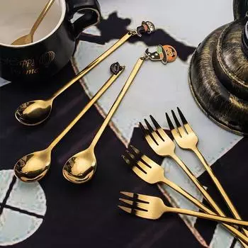 Набор столовых приборов на Хэллоуин из нержавеющей стали, золотая ведьма, привидение, столовая посуда, чай, фрукты, ложка, вилка, набор для десерта на Хэллоуин, торт, ложка
