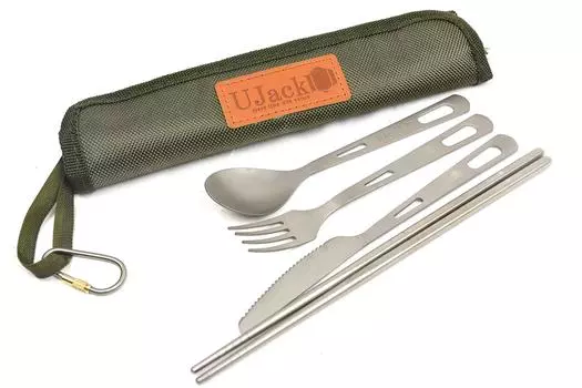 Набор столовых приборов UJack Titanium на 1 персону из 4 предметов с местом для хранения палочек для еды, футляр, нож, вилка, ложка, серебряный