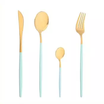 Набор столовых приборов в стиле вестерн из 4 предметов, мятно-золотой набор посуды, столовая посуда из нержавеющей стали, обеденные ложки, вилка, набор ножей, полные столовые приборы серебряный