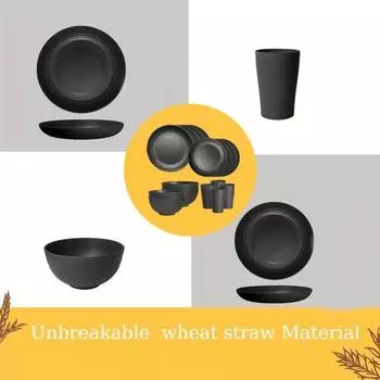 Набор столовых приборов Yousheng из 16 предметов, складывающиеся в стопку, небьющиеся тарелки, миски и чашки, столовая посуда без бисфенола А для семейных встреч и пикников чёрный