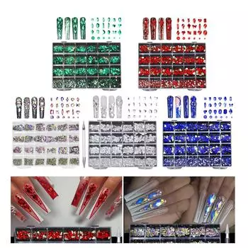 Набор стразов для дизайна ногтей MultiShape Glass Crystal AB Nail Stones Nail Jewels Flatback Nail Gems Rhinestones with Wax Pen красный