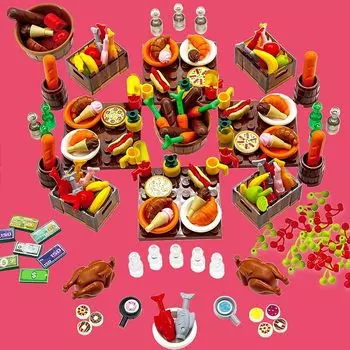 Набор строительных блоков для креативного города с едой: пицца, тележка для покупок, фрукты и овощи. Совместим с продукцией основных брендов. Отлично подходит для детских праздников и