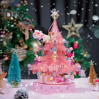 Набор строительных блоков для рождественской елки, праздничная настольная елочная игрушка, музыкальная шкатулка, светящиеся строительные блоки для елки, игрушка для взрослых и детей розовый