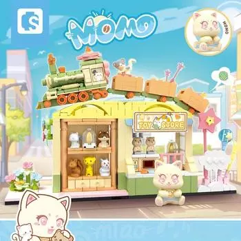 Набор строительных блоков с изображением кошек, кофейней, пекарней и магазином игрушек, вид на город и улицу, идеальный для декора дома и подарков No Box