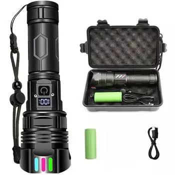Набор суперярких тактических светодиодных фонарей мощностью 30 Вт — перезаряжаемый, 5 режимов освещения для охоты, кемпинга, походов и чрезвычайных ситуаций Flashlight + 26650 battery