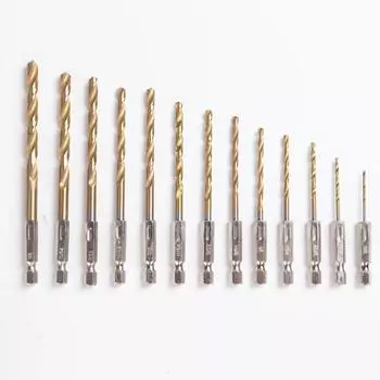 Набор титановых спиральных сверл - 13 шт., шестигранный хвостовик, быстрорежущая сталь для дерева, пластика, алюминиевого сплава, быстросменные, 1/16 -1/4 Hexagonal