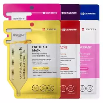 Набор тканевых масок для лица Leaders (Отшелушивающее действие, против прыщей, антиоксидантное, осветление, регенерация, увлажняющий барьер) 28 г. x 6 шт. - корейский уход за кожей 28 g. x 6 pcs