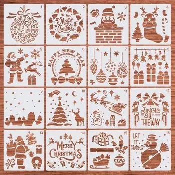 Набор трафаретов для рождественских подарков из 16 листов трафаретов Счастливого Рождества Санта Снеговик Дерево Олень Шаблон для рисования Живопись Инструменты для рисования Альбом инструментов для рисования