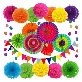 Набор украшений для вечеринки, красочные бумажные цветы, вееры, помпоны, баннеры, карнавал, день рождения, праздник, фиеста, украшения разноцветный
