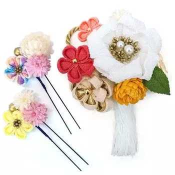 Набор украшений для волос Канзаши церемония Фурисодэ Выпускной церемония Юката Цветок Цветок Аксессуары для волос Белый Красный Желтый 3 предмета kk-063 Tsumami-zaiku белый