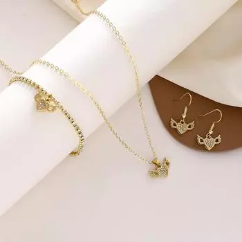 «Набор украшений «Крылья ангела»: Европейская и американская мода. Ожерелье, браслет, серьги в форме сердца, комплект из 3 предметов для женщин. 3-piece set золотой