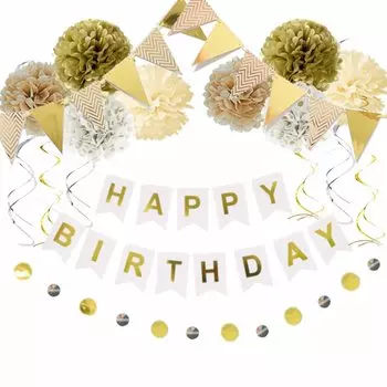 Набор украшений на день рождения для мальчиков и девочек. Украшение на день рождения. Письмо «С днем рождения». Баннер-гирлянда. Блестящие бумажные помпоны. Бумажные цветы. Первый золотой