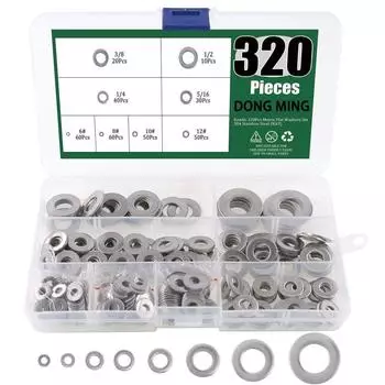 Набор уплотнительных колец и плоских шайб 320 шт. Американский стандарт, нержавеющая сталь 304, имперский размер, металлическая плоская шайба, коробка 320pcs