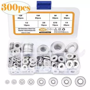 Набор увеличенных плоских шайб из нержавеющей стали 304, 225 шт., 300 шт. дюймовых плоских шайб, уплотнительных колец, плоских шайб 300Pcs imperial system