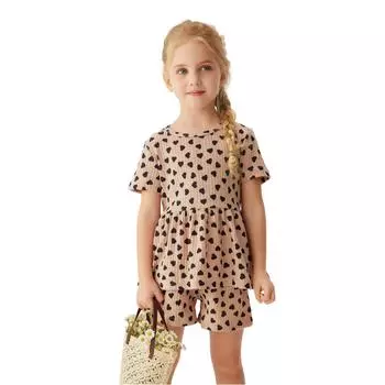 Набор в горошек для девочек - Топ с принтом сердечек и шорты 120 хаки