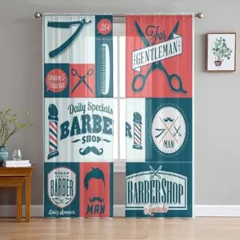 Набор винтажных шифоновых прозрачных штор для парикмахерской с графикой и значками для гостиной, спальни, декора, оконных вуалей, тюлевых занавесок 135W x 114H(cm)