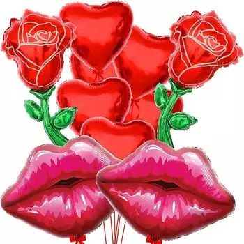 Набор воздушных шаров ко Дню святого Валентина - 10 воздушных шаров из фольги в форме красной розы, сердца и губ для романтического оформления предложения руки и сердца и универсального праздничного празднования Red Rose Balloon Set