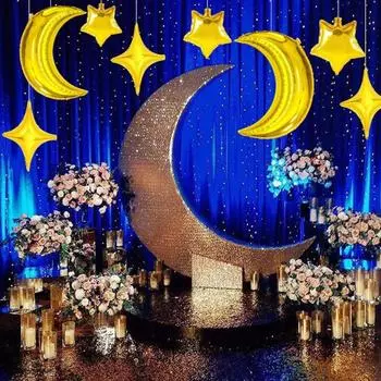 Набор воздушных шаров «Луна и звезда» Четырехконечные звезды, лунные алюминиевые фольгированные шары, многоразовые воздушные шары для украшения вечеринки для мальчика и девочки, вечеринки по случаю рождения ребенка A золотистый