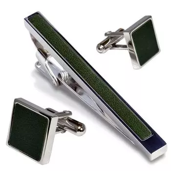 Набор запонок в виде булавки для галстука из натуральной кожи, сделано в Японии, латунная запонка в виде булавки для галстука [Tabarat] для мужчин (Темно-зеленый) темно-зеленого
