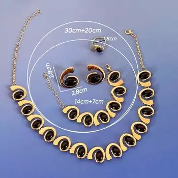 Набор золотых украшений 4 предмета, Богемное двухслойное черное колье из веревки с овальной черной акриловой подвеской, браслет, серьги и кольцо, винтажный, трендовый Golden yellow