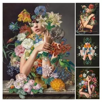 Наборы для алмазной живописи Новые поступления Таинственная женщина Цветок Diy Полный горный хрусталь Вышивка Девушка Фрукты Мозаика Наборы для вышивки крестом Домашний декор AA4460 Square drill 30x40cm белый