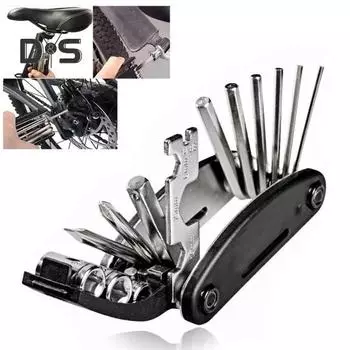 Наборы для ремонта велосипеда 16 в 1, многофункциональный велосипедный инструмент с лопатками для шин, шестигранным ключом для спиц, складной многофункциональный набор аксессуаров для шоссейного горного велосипеда чёрный