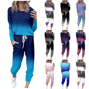 Наборы для женщин, комплекты из 2 предметов, рубашки с длинными рукавами и круглым вырезом, спортивные штаны на шнурке, карманные комплекты M чёрный