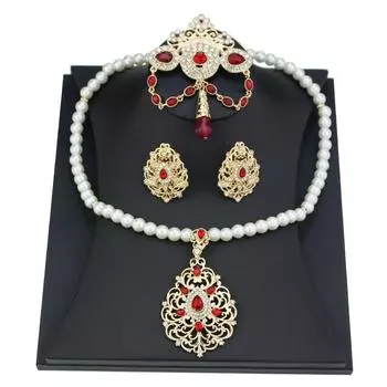 Наборы ювелирных украшений для невесты золотого цвета для женщин, жемчужное ожерелье с подвеской, арабская брошь, хрустальные серьги, свадебные украшения красный