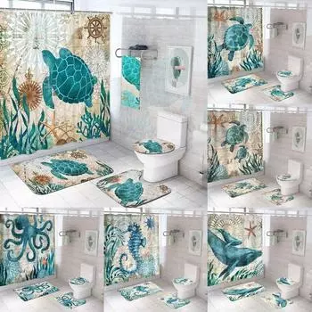 Наборы занавесок для душа с морской черепахой, водонепроницаемые, с морским океаном, винтажные занавески для ванной с животными, занавески для ванной, коврики для ванной, ковер, крышка для унитаза W200xH180cm белый
