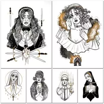 Набожные верующие женщины, Настенные рисунки, Картины на холсте, Языческий страх перед ведьмами, Черно-белые художественные плакаты и гравюры 21cm30cm NoFrame