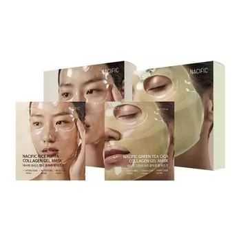 [NACIFIC] Маска-гель с коллагеном Rice Pepta 4 шт. + Маска-гель с коллагеном Green Tea NACIFIC 4 шт. зелёный/белый