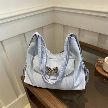 Национальная сумка-тоут женская 2025 новый модный рюкзак для студентов досуга большая вместительная сумка через плечо чёрный