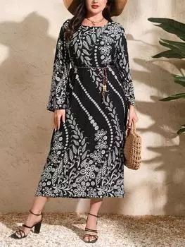 Национальное ветровое винтажное платье с квадратным вырезом и принтом, женская мода, элегантное платье с длинным рукавом, большие размеры, женские повседневные платья, свободная одежда на шнуровке XL чёрный