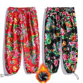 Национальные трендовые северо-восточные брюки с большим цветочным принтом для мужчин и женщин, бархатные утолщенные спортивные штаны-шаровары большого размера, брюки M красный
