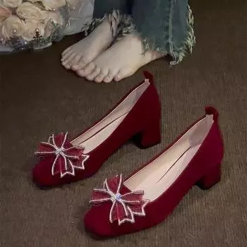 Национальный дизайнерский бант Толстые высокие каблуки Женские туфли-лодочки с хрустальным декором Свадебные туфли Женские замшевые с круглым носком Вечерняя обувь Zaptos Mujer 35