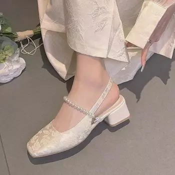 Национальный стиль Новые китайские сандалии Женские туфли на высоком каблуке Летние туфли на толстом каблуке Женские туфли с ципао 35 бежевый