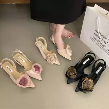 Национальный стиль остроконечные французские босоножки с цветочным принтом и тонким каблуком, туфли-феи 2024 года, новые вечерние туфли для светских львиц, пустые одинарные туфли 35 чёрный