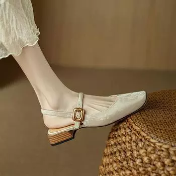 Национальный стиль ретро квадратная голова толстый каблук неглубокий нос новые китайские сандалии мешок голова летние новые однословные пряжка ремень темперамент одиночные туфли 35 абрикосовый