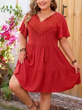 Национальный ветер V-образным вырезом Тонкое платье с кисточками Женский дизайн Повседневные лоскутные платья с короткими рукавами Женская французская мода Плюс Размер Слово Свободная одежда XL красный