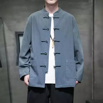 Национальный ветер весенне-осенний повседневный мужской костюм Тан с длинными рукавами в стиле ретро, свободная чайная одежда, однотонный костюм, рубашка размера плюс XXXXXL белый