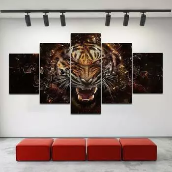 НАДЕЖНЫЕ 5 панелей, картина с изображением тигра, настенное искусство, печать на холсте, модульные картины, картины по индивидуальному заказу для гостиной, спальни 20x35cm*2 20x45cm*2 20x55cm*1