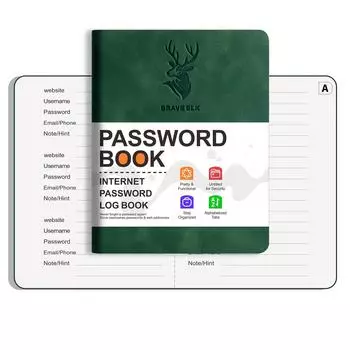 Надежный блокнот в переплете из искусственной кожи с крупным шрифтом и алфавитными вкладками - Предотвращение кражи личных данных, Безопасное хранение паролей