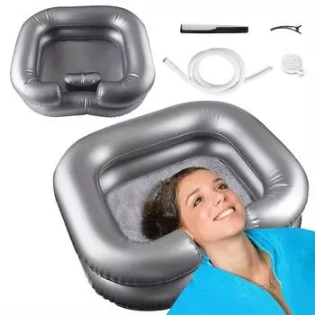 Надувная домашняя ПВХ серая миска для шампуня - раковина для мытья волос с трубкой для ухода за лежачими больными серый